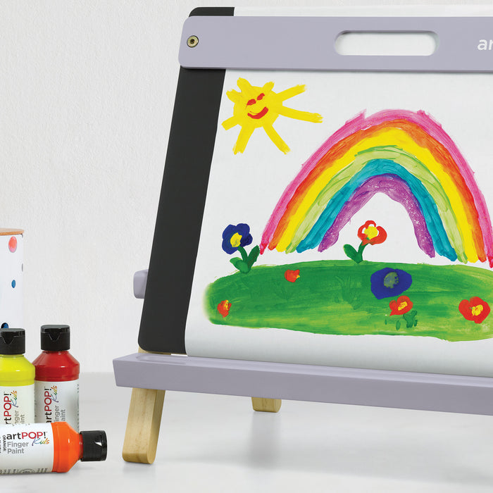 artPOP! Kids 3-in-1 Tabletop Easel - Misty Lilac, rainbow artwork complete on tabletop easel