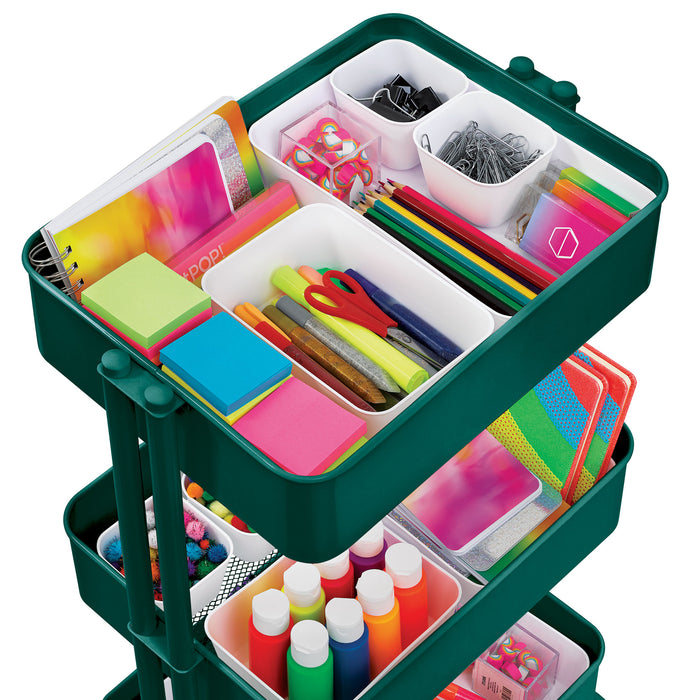 artPOP! 3-Tier Rolling Cart - Green (Sample art supplies in mesh trays, Angled view)