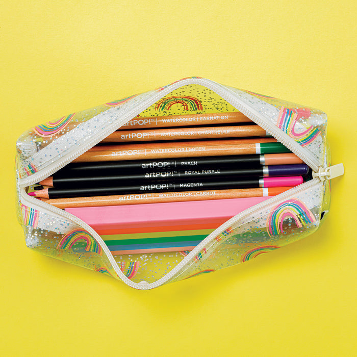 artPOP! Rainbow Pencil Case - Pastel, filled with pencils