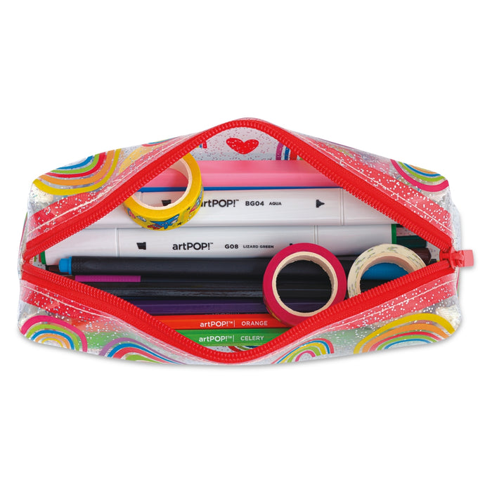 artPOP! Rainbow Pencil Case - Primary, filled with art supplies