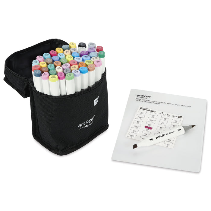 artPOP! Chisel and Brush Dual Tip Alcohol Marker Set - Set of 49, Assorted, swatch card next to packaging