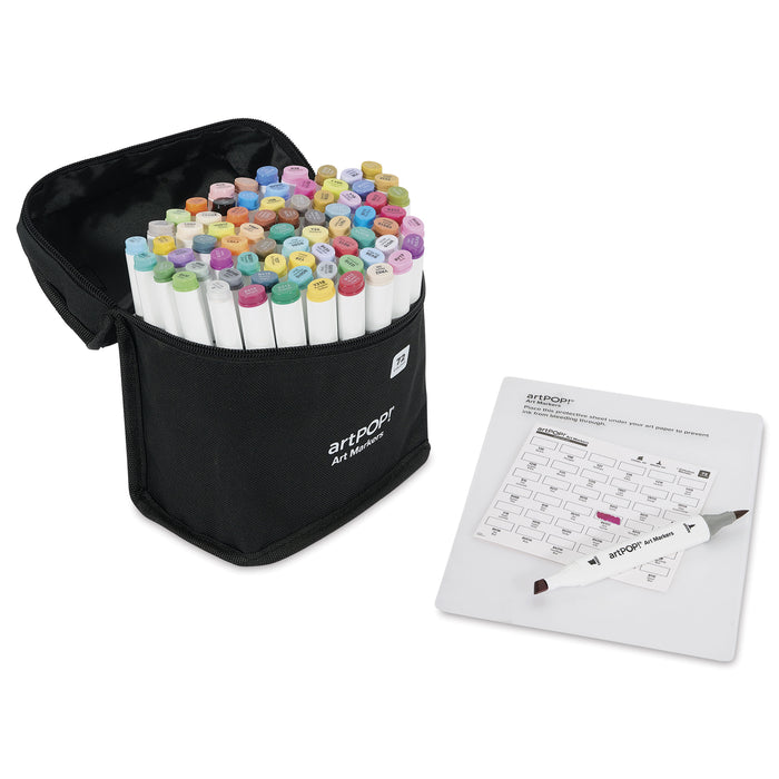 artPOP! Chisel and Brush Dual Tip Alcohol Marker Set - Set of 73, Assorted, swatch card next to open packaging