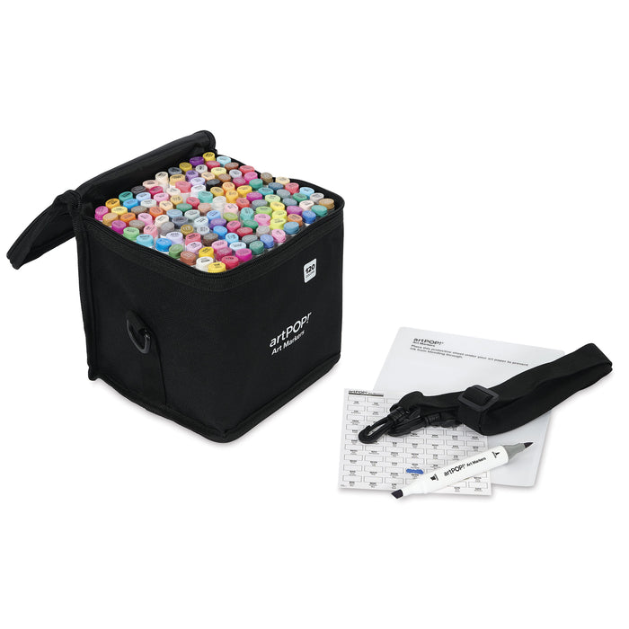 artPOP! Chisel and Brush Dual Tip Alcohol Marker Set - Set of 121, Assorted, swatch card next to open packaging