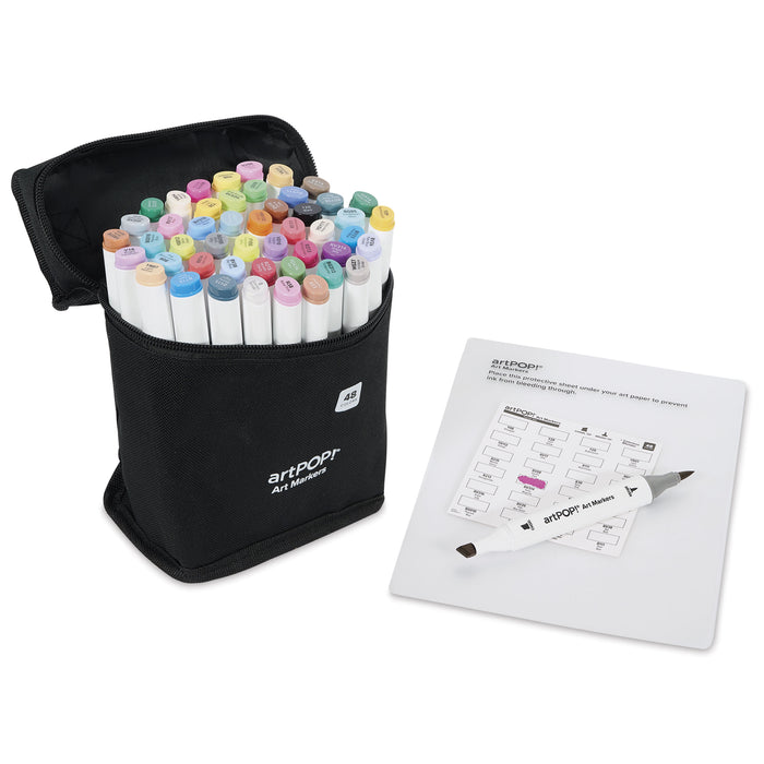 artPOP! Chisel and Brush Dual Tip Alcohol Marker Set - Set of 49, Pastel, swatch card next to open packaging