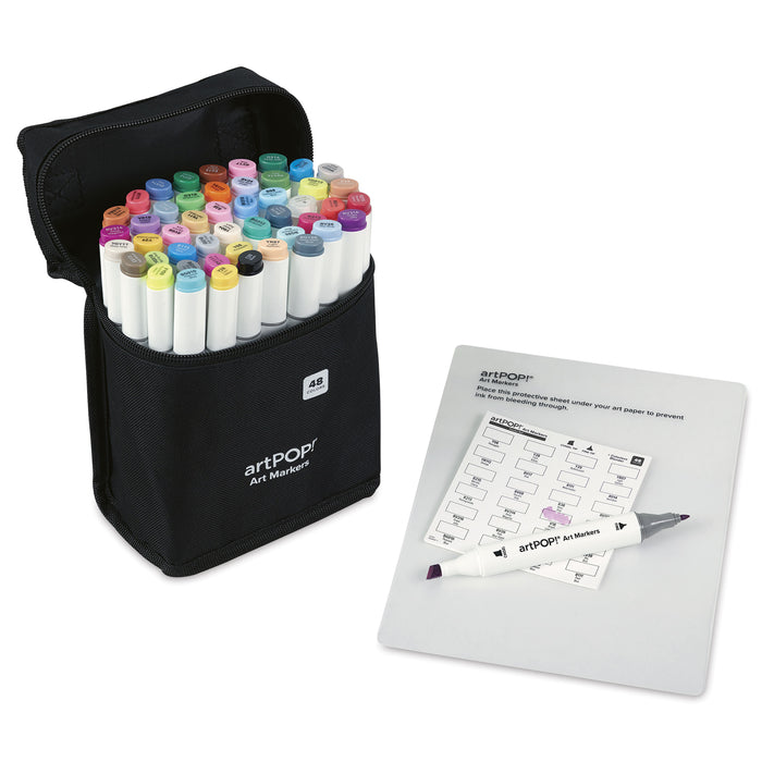 artPOP! Chisel and Fine Dual Tip Alcohol Marker Set - Set of 49, Assorted, swatch card next to packaging