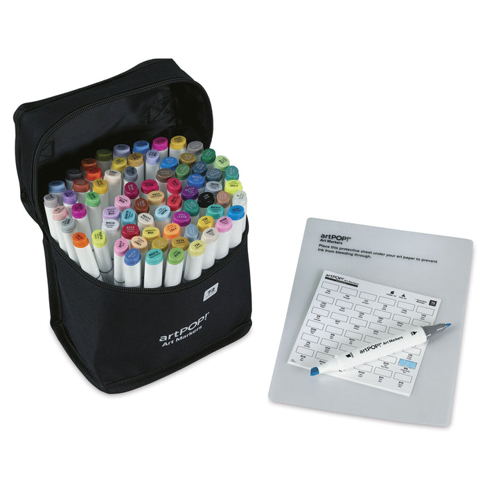 artPOP! Chisel and Fine Dual Tip Alcohol Marker Set - Set of 73, Assorted, packaging next to swatch card