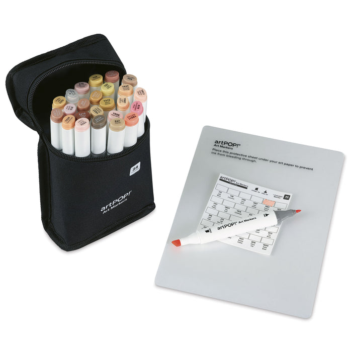artPOP! Chisel and Fine Dual Tip Alcohol Marker Set - Set of 25, Portrait, swatch card next to packaging