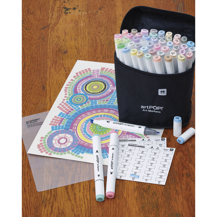 artPOP! Chisel and Fine Dual Tip Alcohol Marker Set - Set of 49, Pastel, drawing and contents on desk